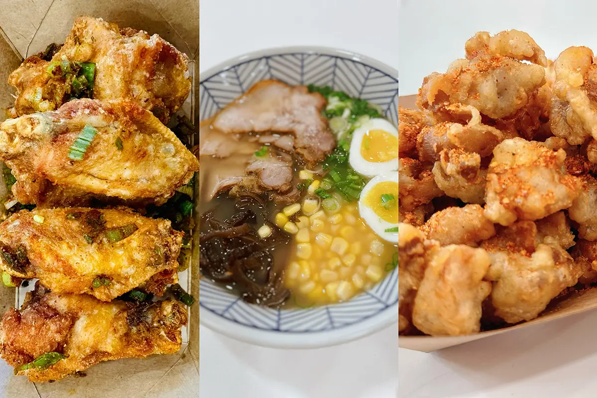 A jigsaw puzzle of three Japanese dishes at Fujiyama Ramen，a Japanese Restaurant in San Diego